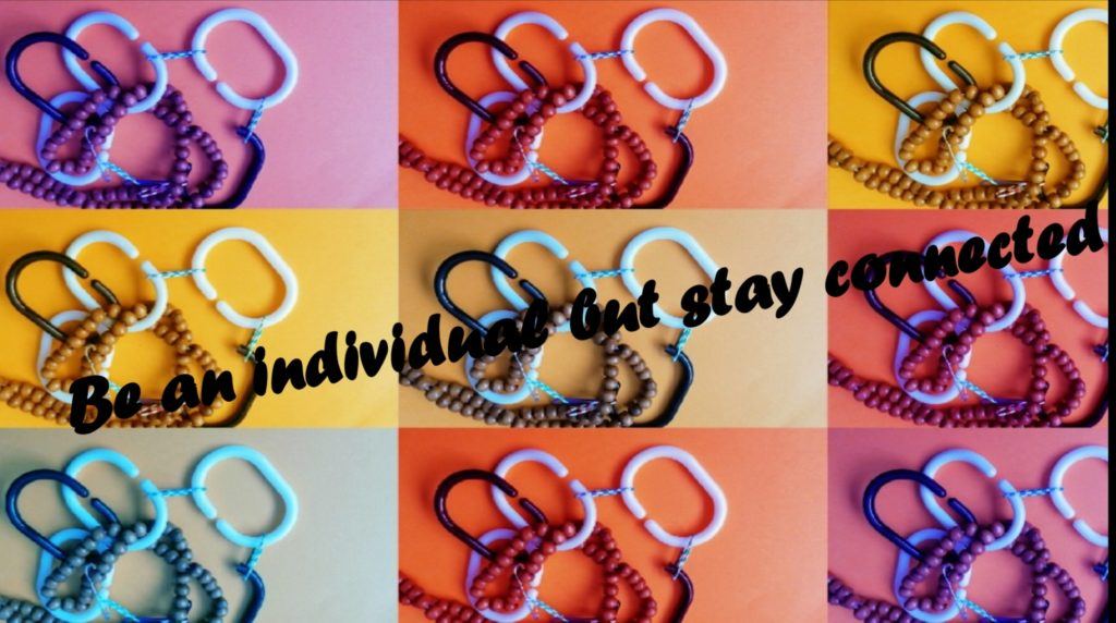 9 photos of the same bracelets in alternating colours (reds, oranges, pinks, purples)  Text reads: Be an individual but stay connected