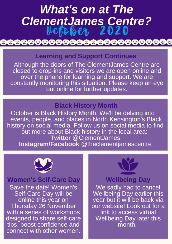 Part one of the October newsletter. Cream background with purple boxes. Plain text version is available.