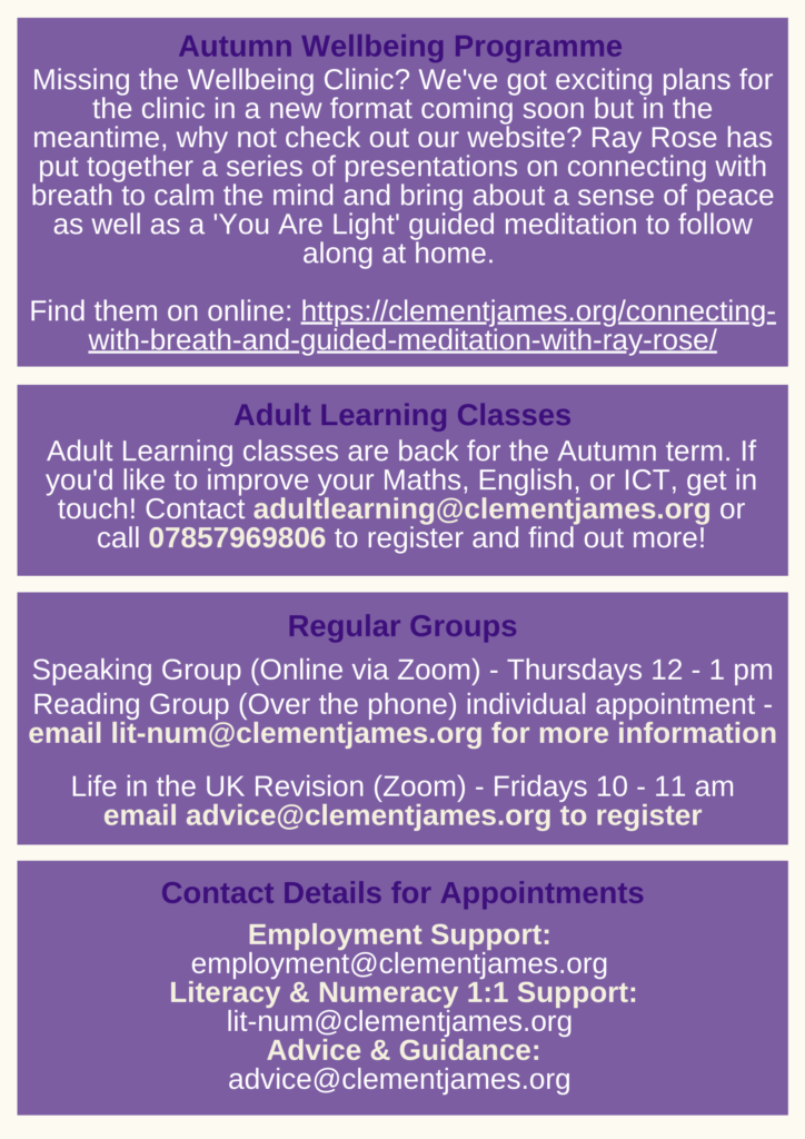 Image of the October 2020 Newsletter. Cream background with purple boxes. Plain text version is available.