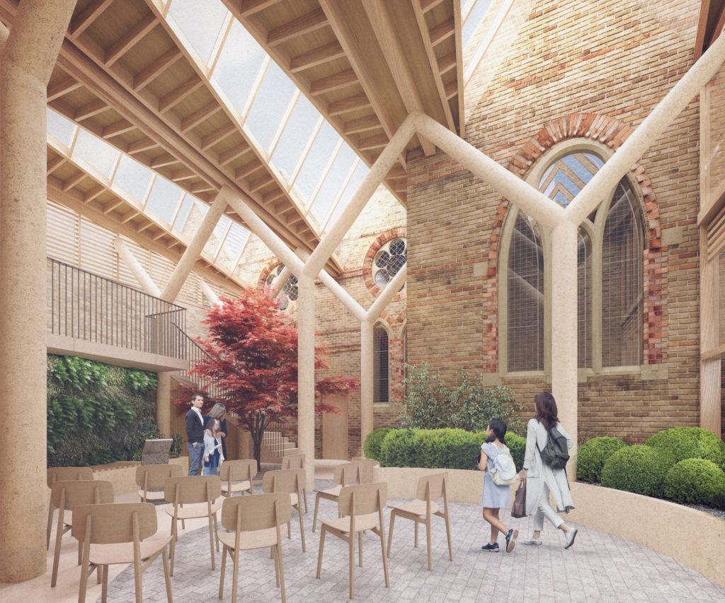 Visualisation of the winter garden showing a seating area underneath a timber and glass roof with church windows in the background.