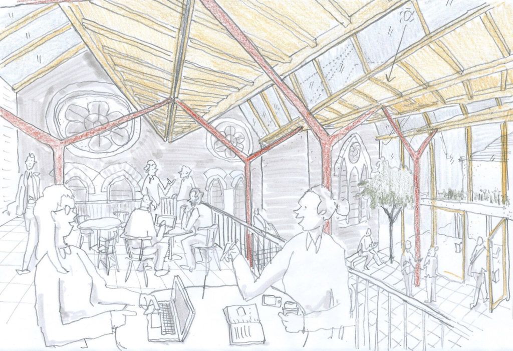Sketch of the inside of the Winter Garden showing people gathering around tables with the glass and timber roof.