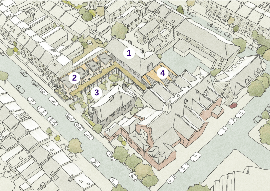Birds-eye drawing of The ClementJames Centre showing the two existing buildings and two new buildings. The new building (2) will face the existing one (3) and the Winter Garden (4) will sit between the existing learning building (1) and the Church.