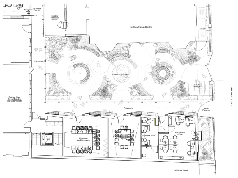 Architect plan of the ground floor of the new Learning Annexe showing its place in relation to the existing buildings and garden.  It will have space for a 15-person meeting space, WCs, another teaching room and a reception/office.