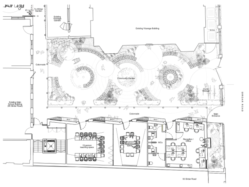 Architect plan of the ground floor of the new Learning Annexe showing its place in relation to the existing buildings and garden. 

It will have space for a 15-person meeting space, WCs, another teaching room and a reception/office.