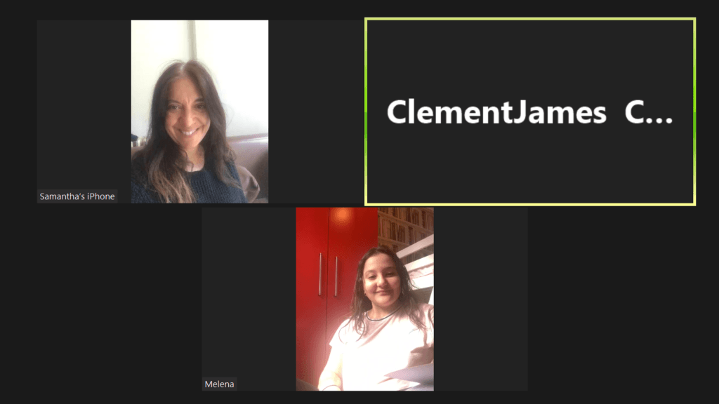 Screenshot of a three-way Zoom call showing a smiling mentoring pair and The ClementJames Centre.