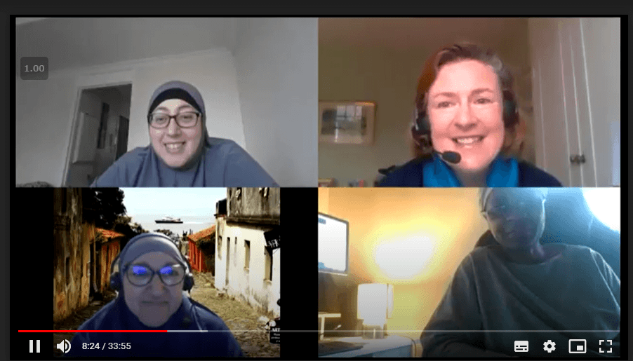 Screenshot of a four-way video conversation with three students and one teacher. All participants are smiling at the camera. 