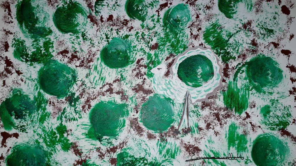 Painting showing green circles and brown spatters.