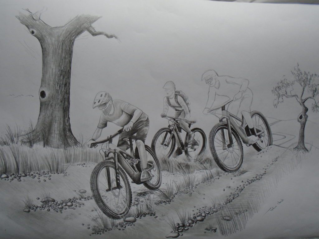 Grayscale sketch drawing of three guys on bikes cycling through the countryside.