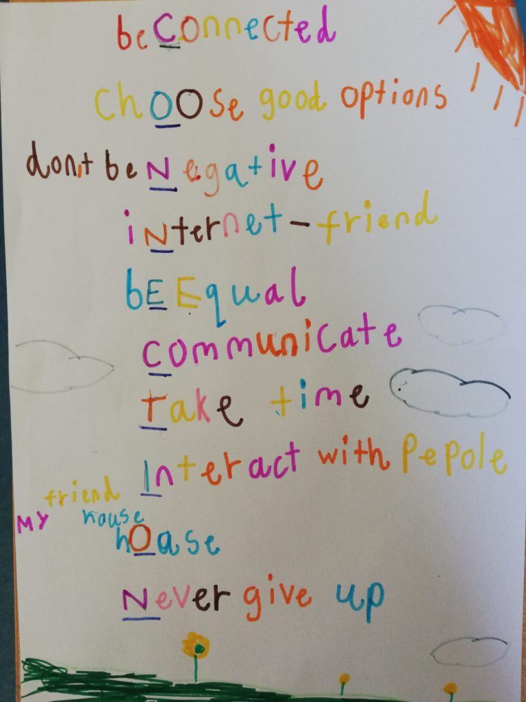 Connection poem written in colourful writing  "Be connected
Choose good options
Don't be negative
Internet-friend
Be Equal
Communicate
Take Time
Interact with People 
My Friend House 
Never Give Up